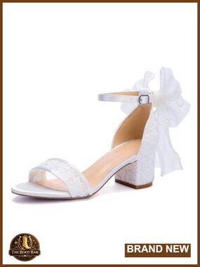 Lace Wedding Heels for Bride Bow Block Heel Bridal Sandals Low Heel 2in